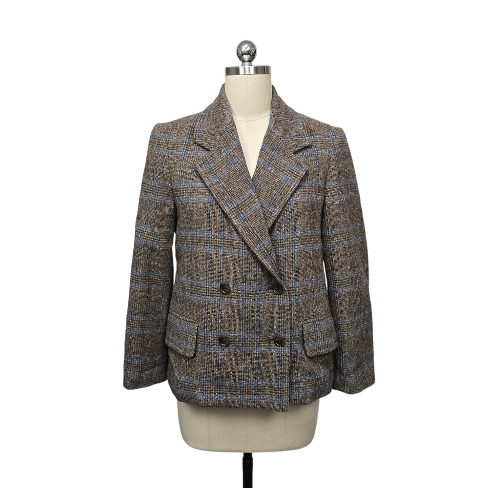 Marc by Marc Jacobs Brown Blue Plaid Wool Double Breasted Blazer Jacket Size Med